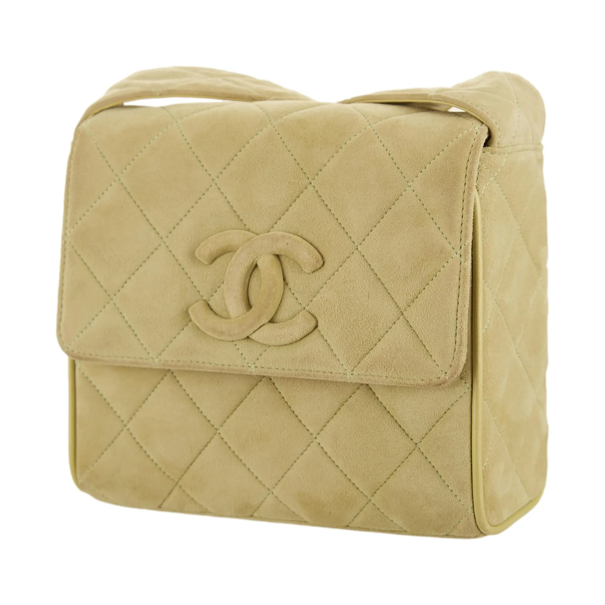 Chanel Green Suede Quilted Logo Shoulder Bag