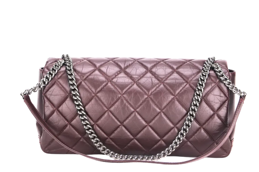 CHANEL LADY PEARLY FLAP (1690xxxx) BURGUNDY DISTRESSED LEATHER SILVER HARDWARE WITH CARD, DUST COVER & BOX