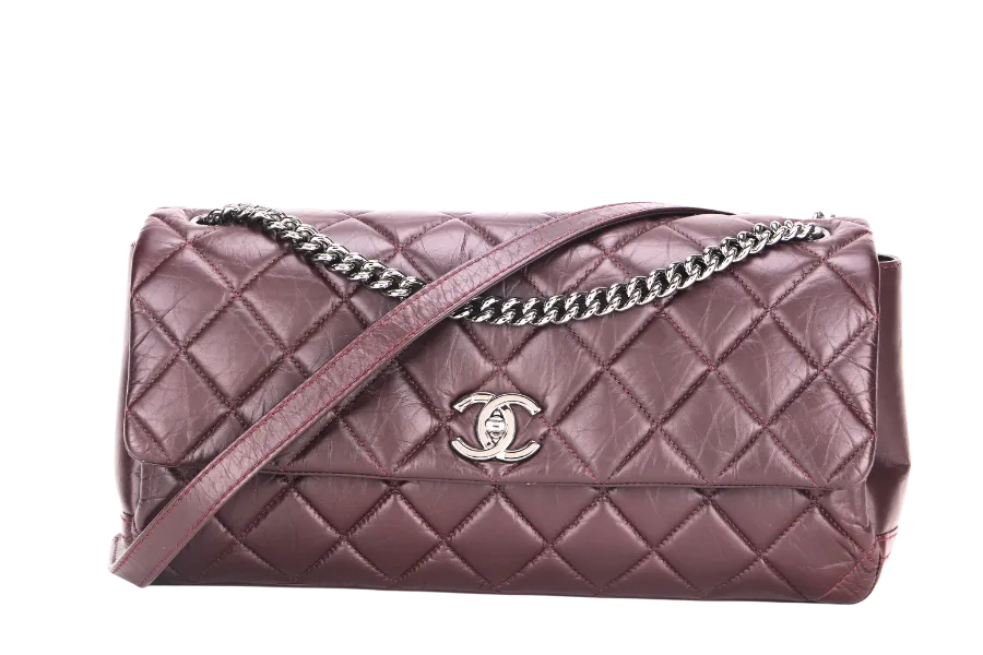 CHANEL LADY PEARLY FLAP (1690xxxx) BURGUNDY DISTRESSED LEATHER SILVER HARDWARE WITH CARD, DUST COVER & BOX