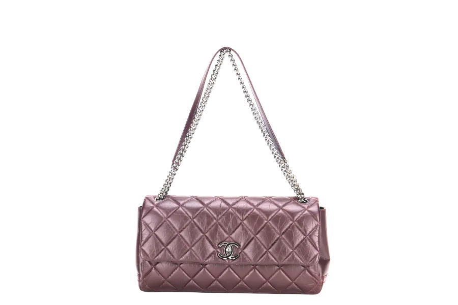 CHANEL LADY PEARLY FLAP (1690xxxx) BURGUNDY DISTRESSED LEATHER SILVER HARDWARE WITH CARD, DUST COVER & BOX
