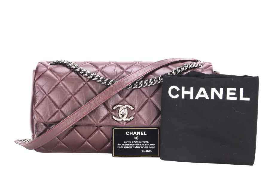 CHANEL LADY PEARLY FLAP (1690xxxx) BURGUNDY DISTRESSED LEATHER SILVER HARDWARE WITH CARD, DUST COVER & BOX