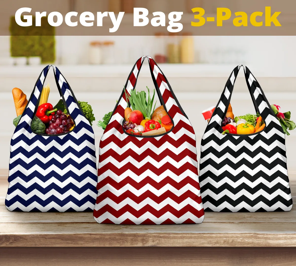 Chevron Pattern Reusable Grocery Shopping Bags In Navy, Red, Black and White
