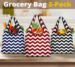 Chevron Pattern Reusable Grocery Shopping Bags In Navy, Red, Black and White