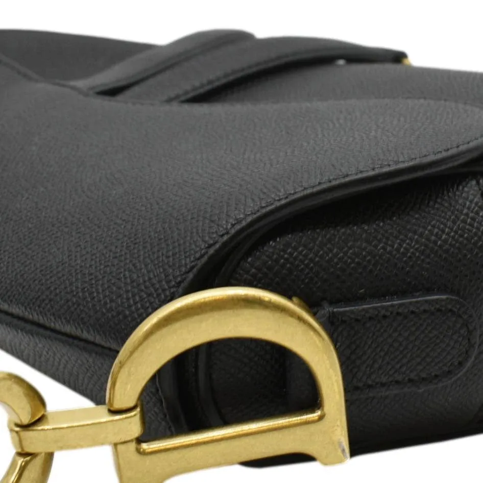 CHRISTIAN DIOR Saddle Grained Leather Satchel Shoulder Bag Black