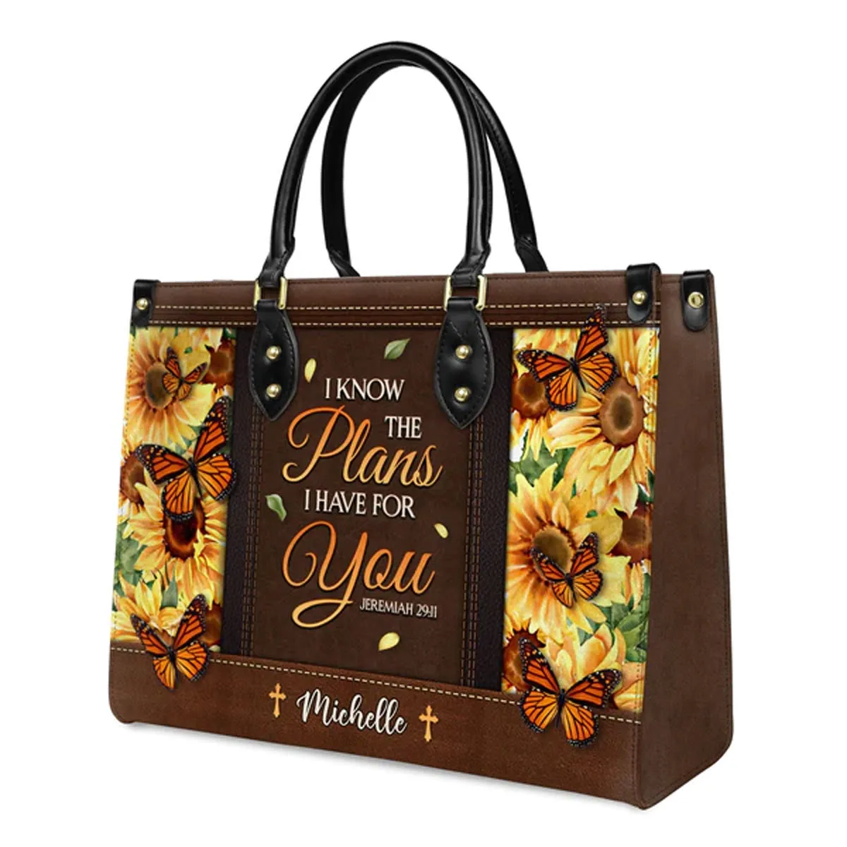 Christianartbag Handbags, I Know The Plans I Have For You Jeremiah 29 11 Leather Handbag, Sunflower Butterfly Leather Handbag, Gifts for Women, CABLTB01241023.