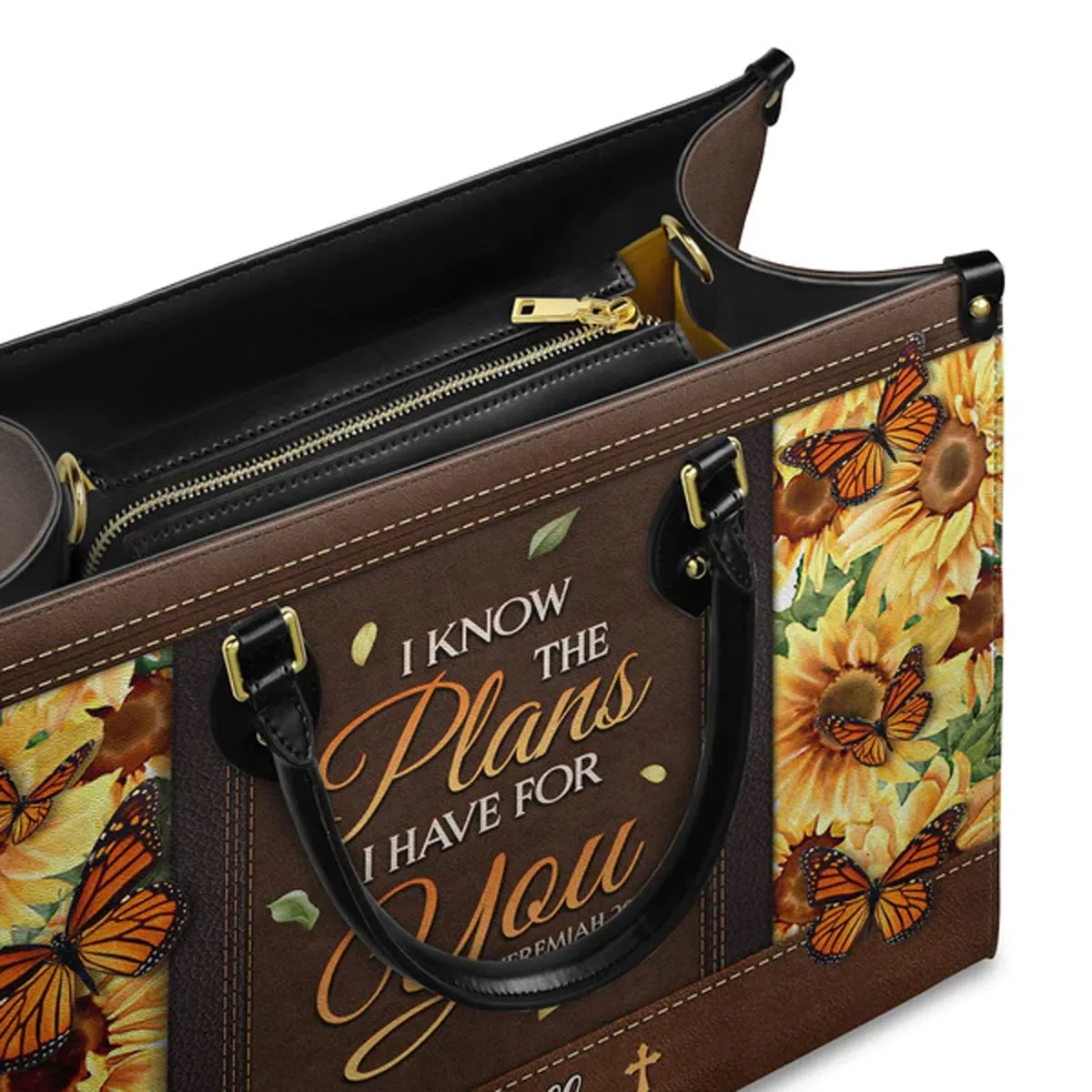 Christianartbag Handbags, I Know The Plans I Have For You Jeremiah 29 11 Leather Handbag, Sunflower Butterfly Leather Handbag, Gifts for Women, CABLTB01241023.
