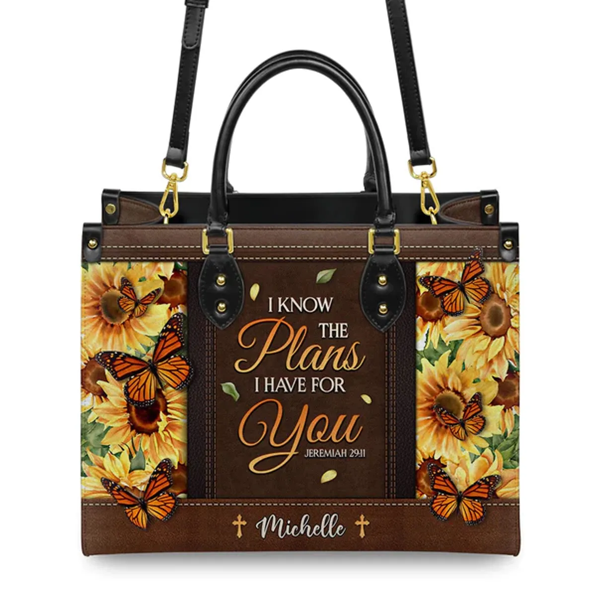 Christianartbag Handbags, I Know The Plans I Have For You Jeremiah 29 11 Leather Handbag, Sunflower Butterfly Leather Handbag, Gifts for Women, CABLTB01241023.