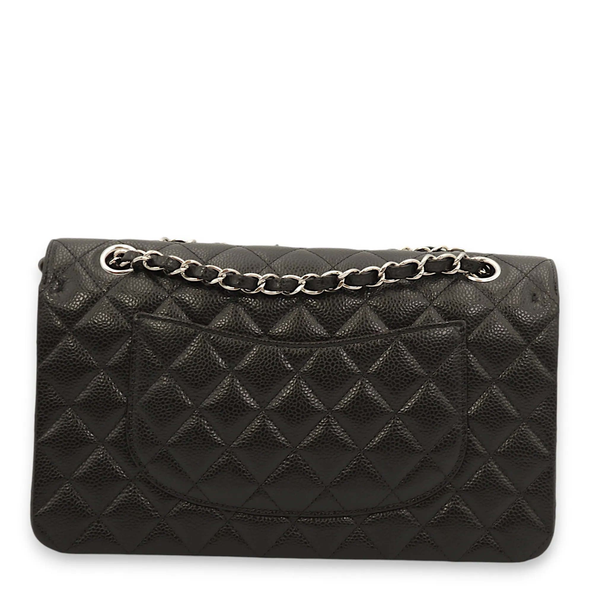 Classic Double Flap Medium Black Shoulder Bag in Caviar Leather, Silver Hardware