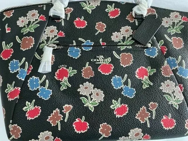 Coach Prairie Satchel Daisy Floral Zipper Leather Handbag Bag Purse Black NEW