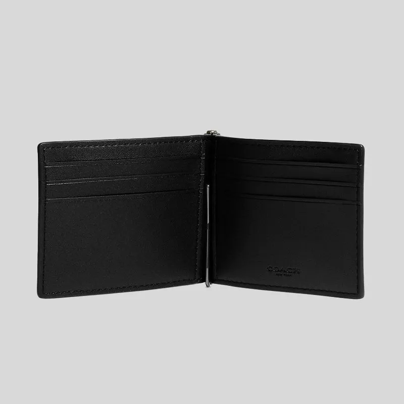 Coach Slim Money Clip Billfold Wallet In Signature Canvas Charcoal Black RS-CH086