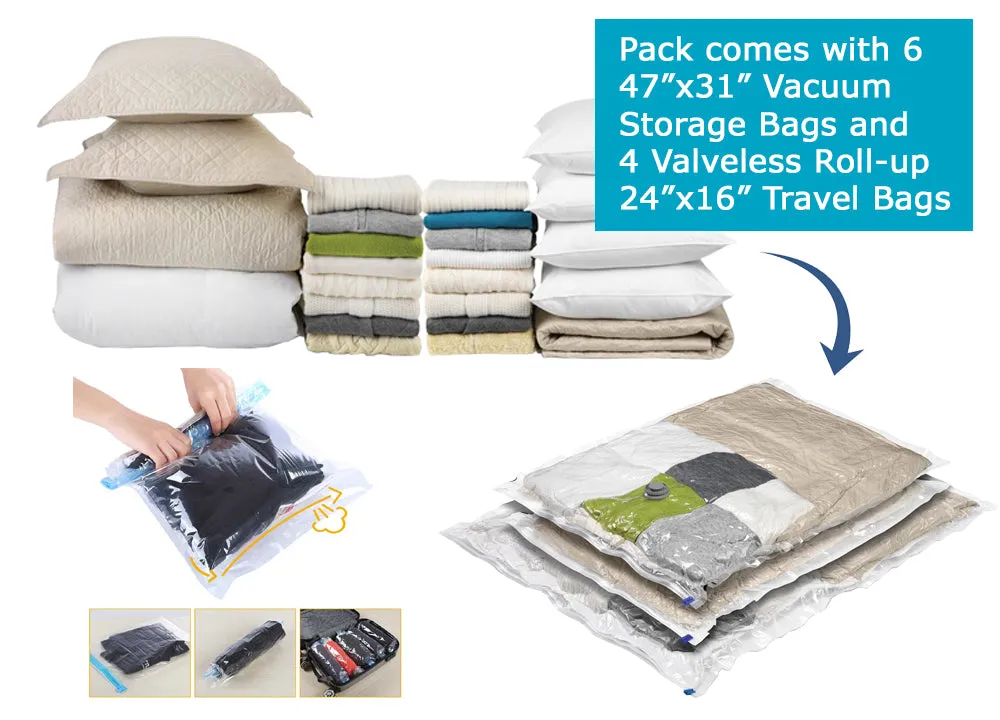 Combo Pack Vacuum Storage Bags with Roll-Up Travel Bags
