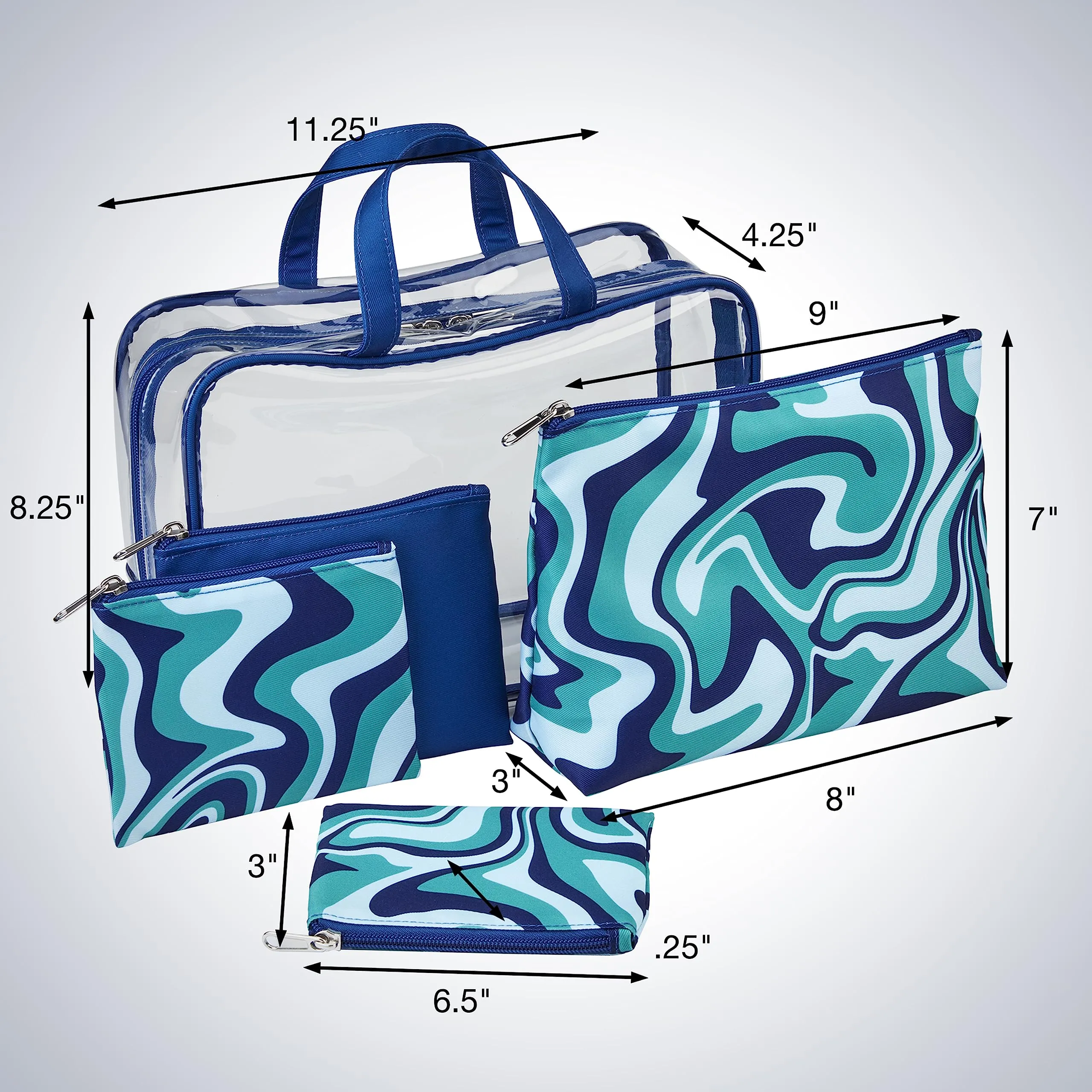 Conair 5 Piece Toiletry and Cosmetic Bag Set Under $30, Includes 1 Large Weekender Bag and 4 Organizer Bags in Blue Swirl Prints