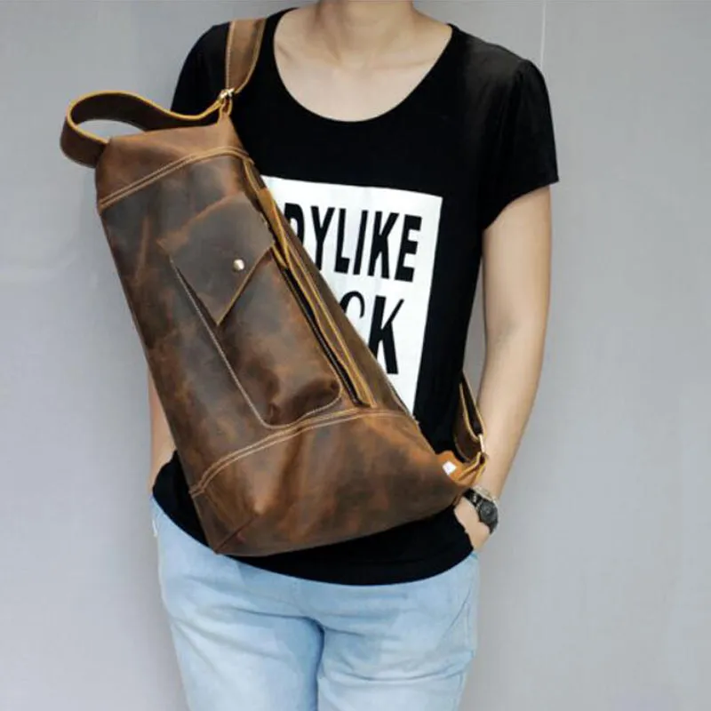 Crazy Horse Leather Men Shoulder Bag Chest Pack Retro Crossbody Bag