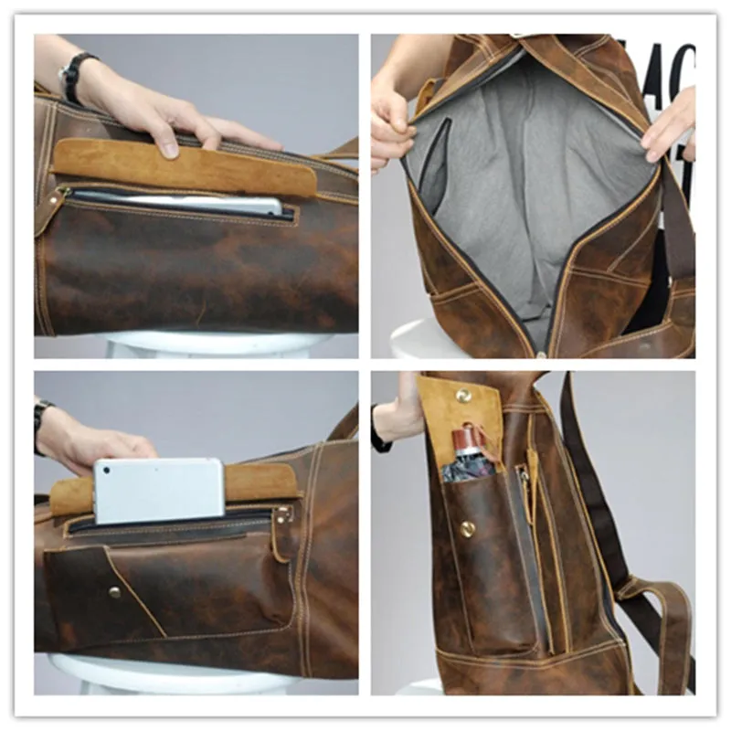 Crazy Horse Leather Men Shoulder Bag Chest Pack Retro Crossbody Bag