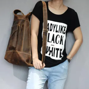 Crazy Horse Leather Men Shoulder Bag Chest Pack Retro Crossbody Bag