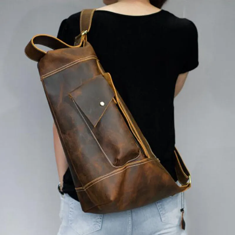 Crazy Horse Leather Men Shoulder Bag Chest Pack Retro Crossbody Bag