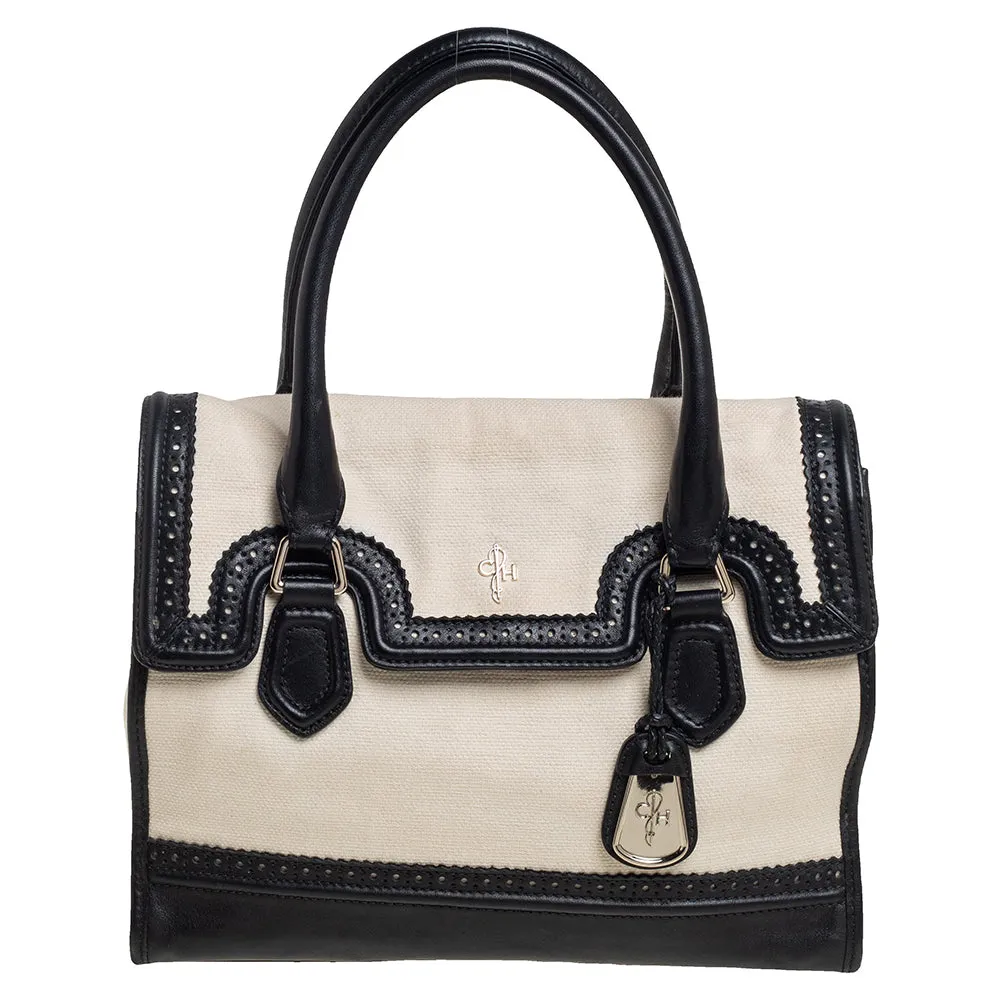 Cream/Black Canvas And Wingtip Leather Flap Brooke Tote