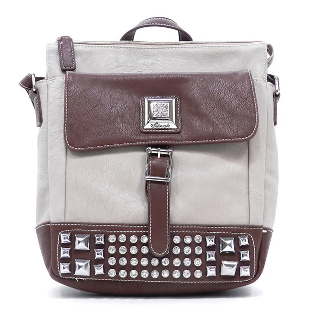 Cross-body Pockets Messenger Bag beige brown rhinestone Studs designer inspired