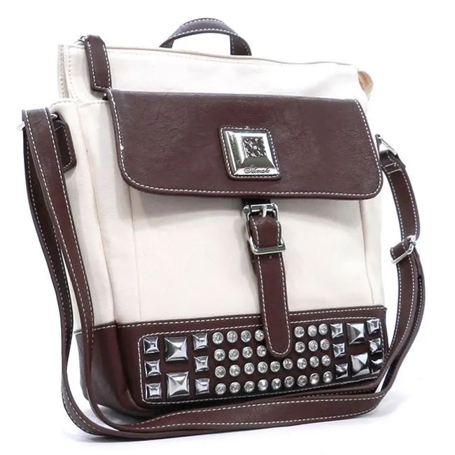 Cross-body Pockets Messenger Bag beige brown rhinestone Studs designer inspired