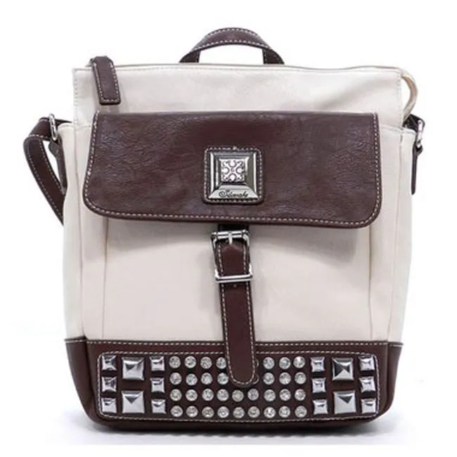 Cross-body Pockets Messenger Bag beige brown rhinestone Studs designer inspired