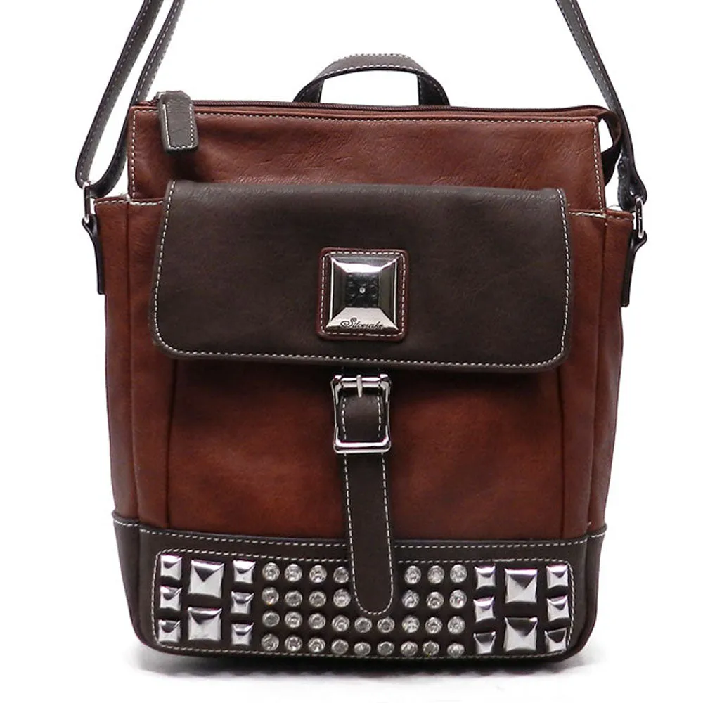 Cross-body Pockets Messenger Bag beige brown rhinestone Studs designer inspired