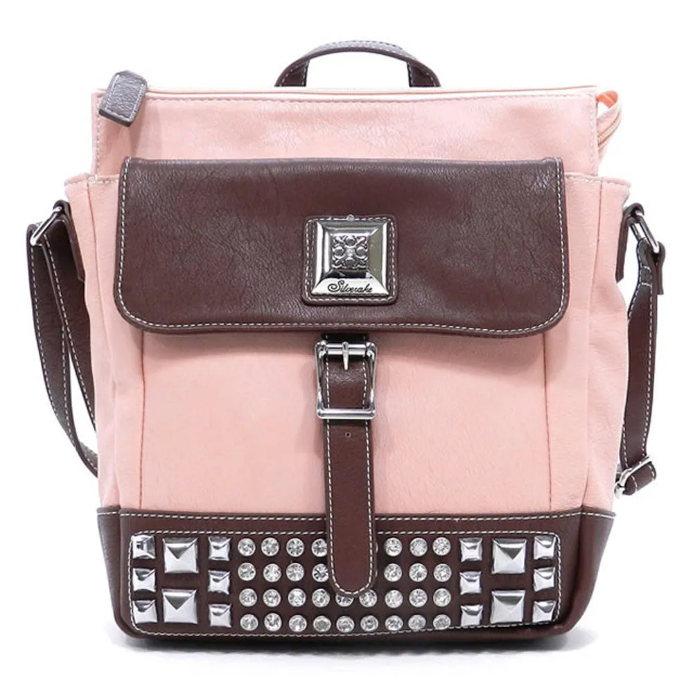 Cross-body Pockets Messenger Bag beige brown rhinestone Studs designer inspired
