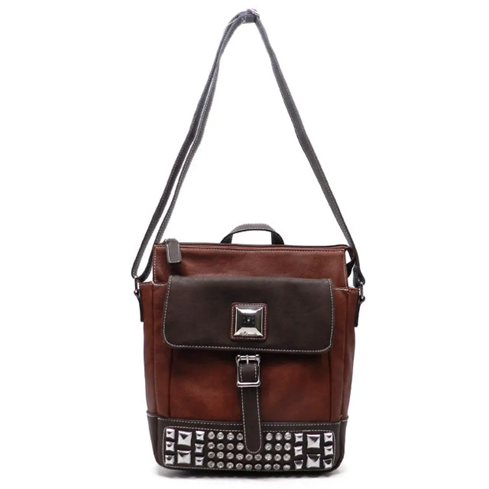 Cross-body Pockets Messenger Bag beige brown rhinestone Studs designer inspired