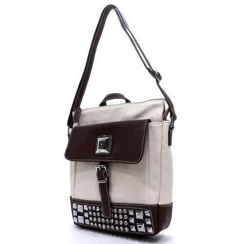 Cross-body Pockets Messenger Bag beige brown rhinestone Studs designer inspired