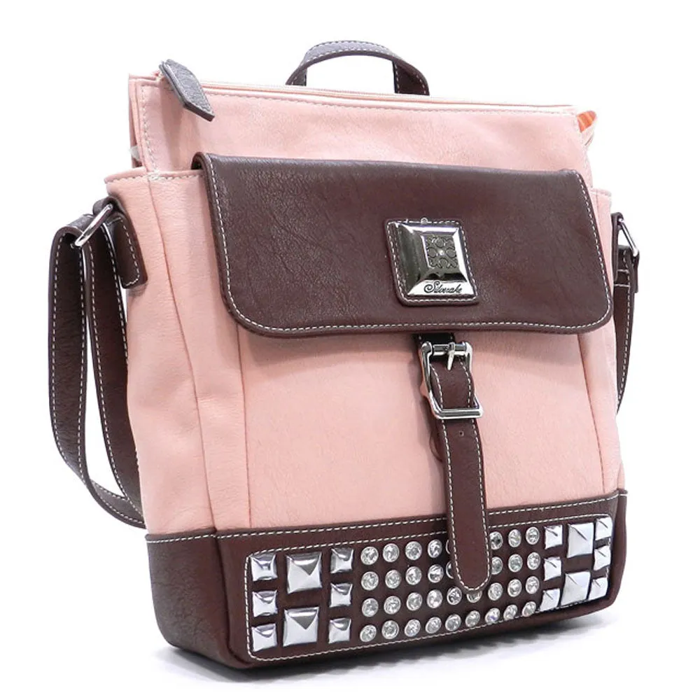 Cross-body Pockets Messenger Bag beige brown rhinestone Studs designer inspired