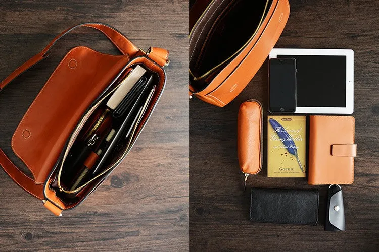 Custom Handmade Vegetable Tanned Italian Leather Messenger Crossbody Shoulder Bag Satchel Bag D042