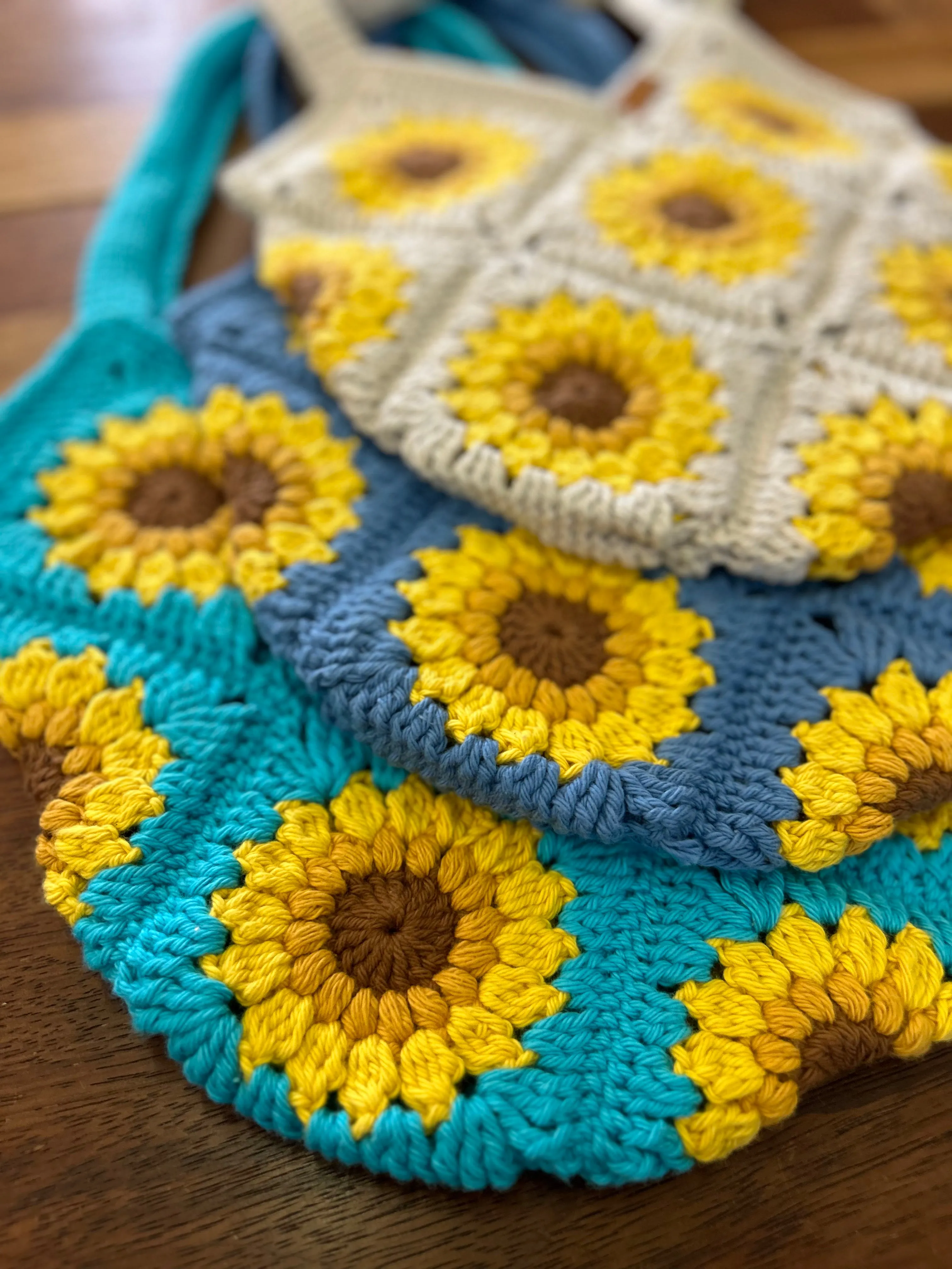 Custom Order - Large Sunflower Granny Square Crocheted Bag - Lined - Cotton