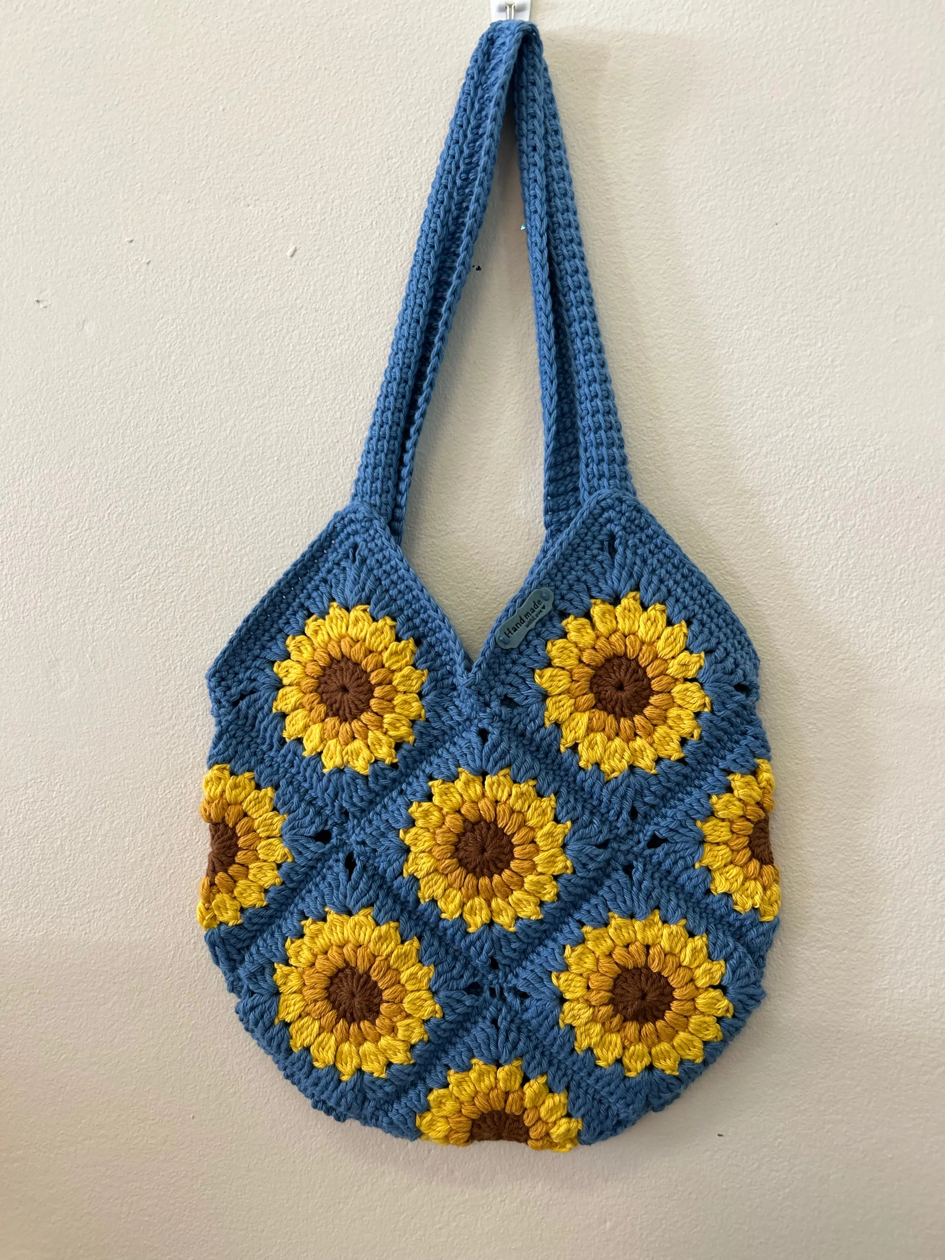 Custom Order - Large Sunflower Granny Square Crocheted Bag - Lined - Cotton