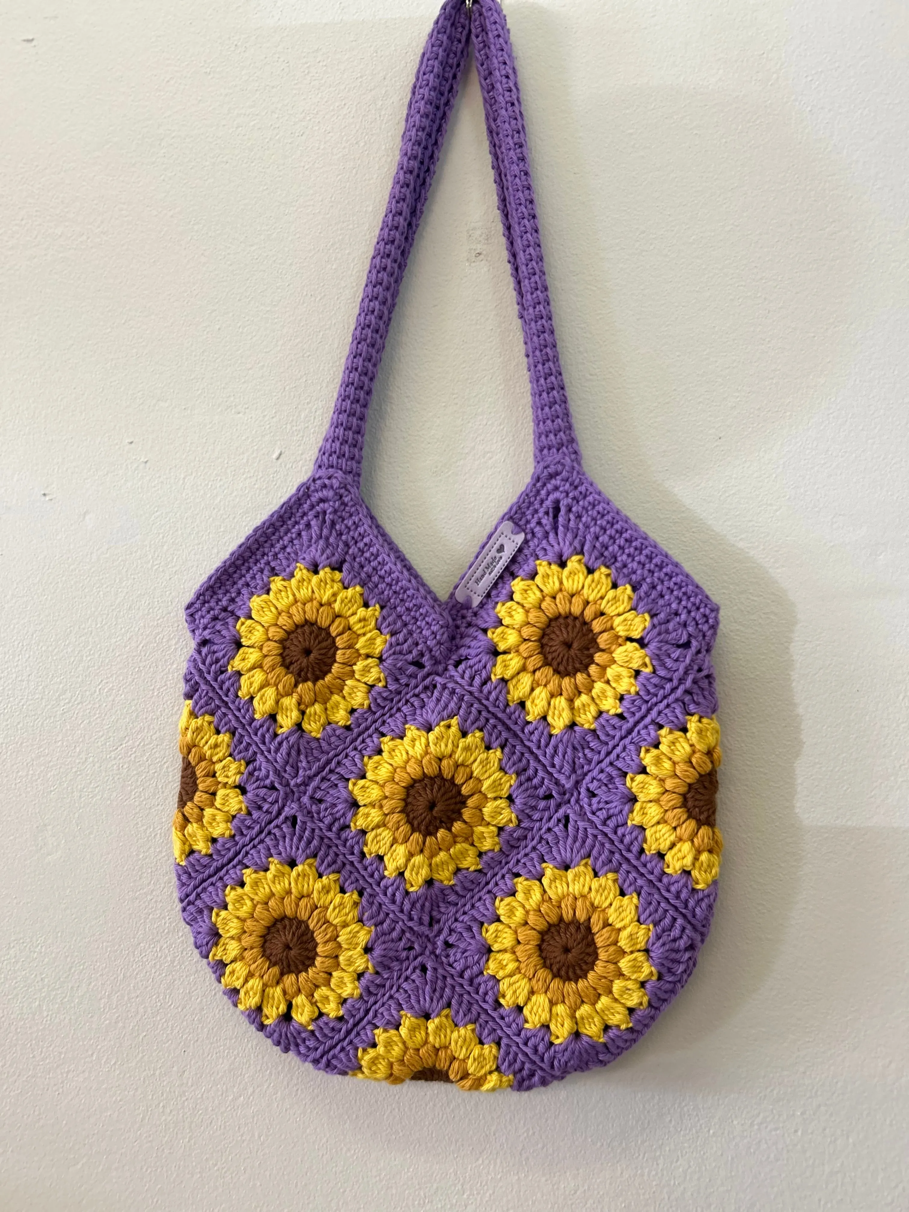 Custom Order - Large Sunflower Granny Square Crocheted Bag - Lined - Cotton