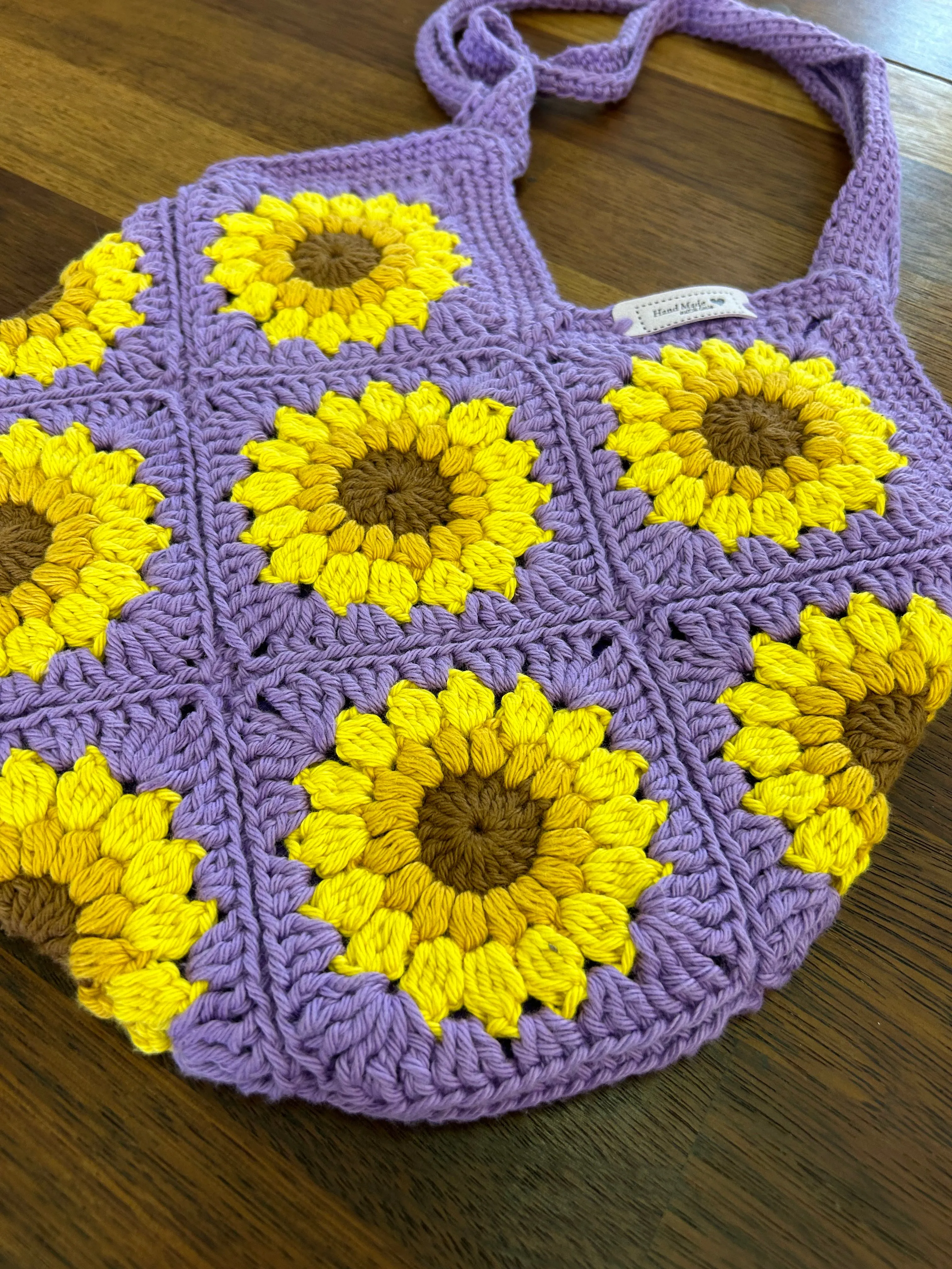 Custom Order - Large Sunflower Granny Square Crocheted Bag - Lined - Cotton