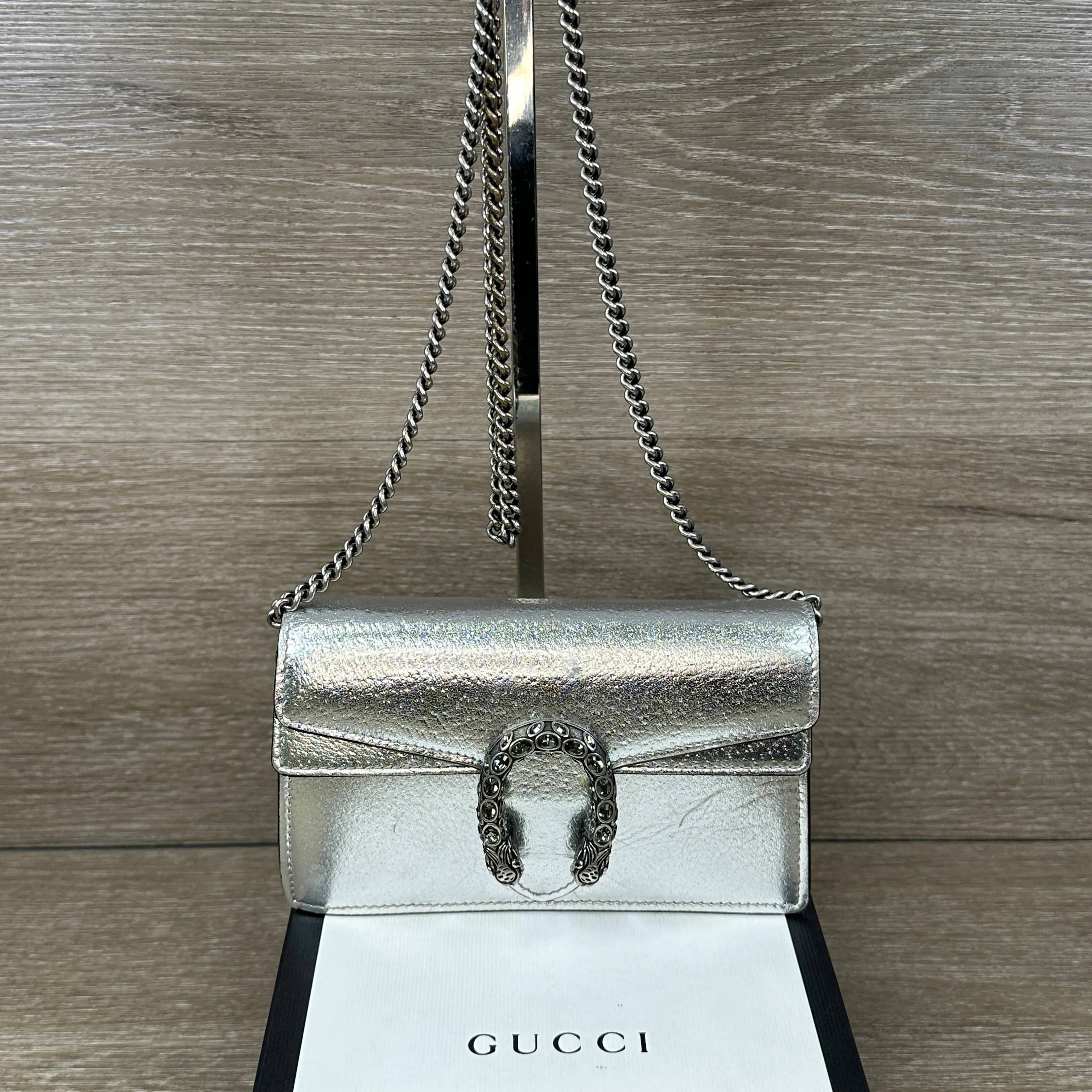 Dionysus Super Mini Bag - Silver Lame leather