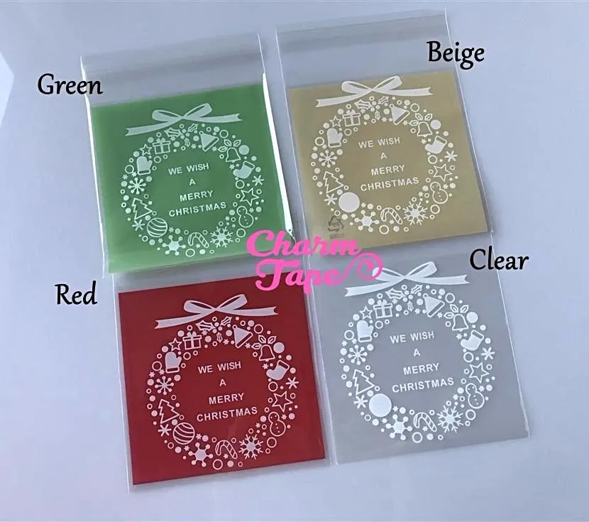 Festive Wreath Gift Bags Cello Self-adhesive Cookie bag - Favors Party bags 20/50/100 bags 10x10cm CB70