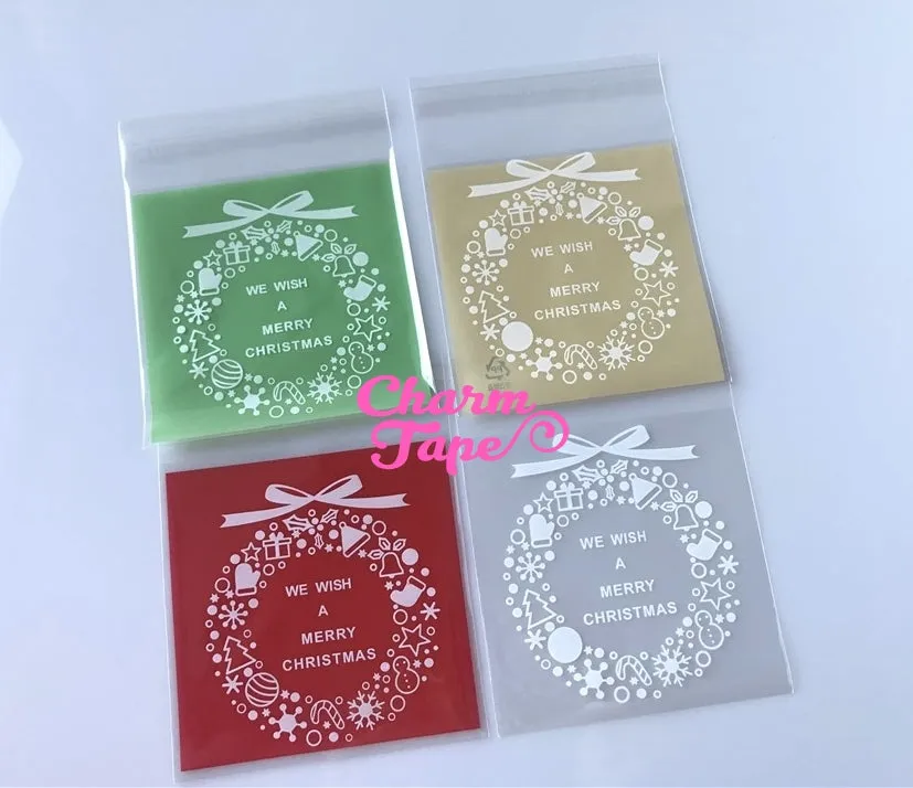 Festive Wreath Gift Bags Cello Self-adhesive Cookie bag - Favors Party bags 20/50/100 bags 10x10cm CB70