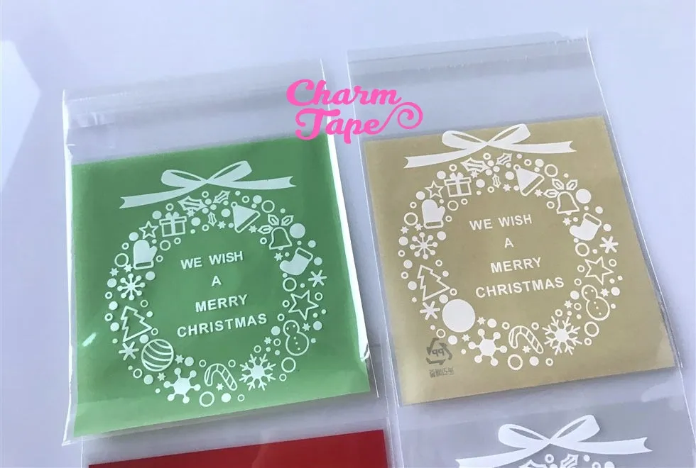 Festive Wreath Gift Bags Cello Self-adhesive Cookie bag - Favors Party bags 20/50/100 bags 10x10cm CB70