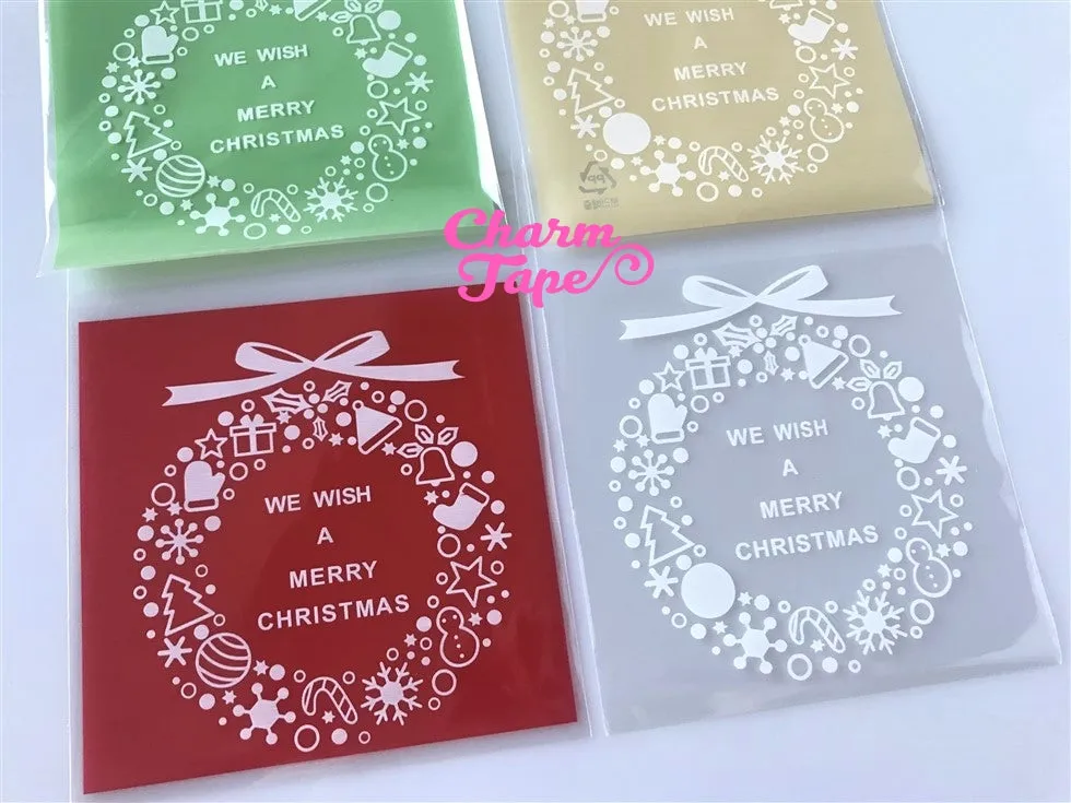 Festive Wreath Gift Bags Cello Self-adhesive Cookie bag - Favors Party bags 20/50/100 bags 10x10cm CB70