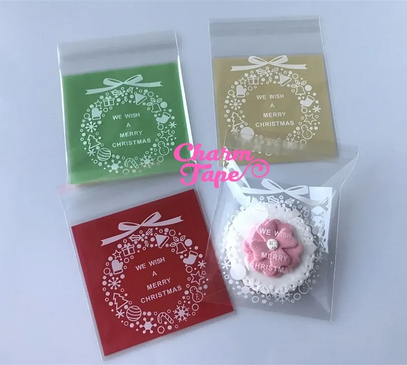 Festive Wreath Gift Bags Cello Self-adhesive Cookie bag - Favors Party bags 20/50/100 bags 10x10cm CB70