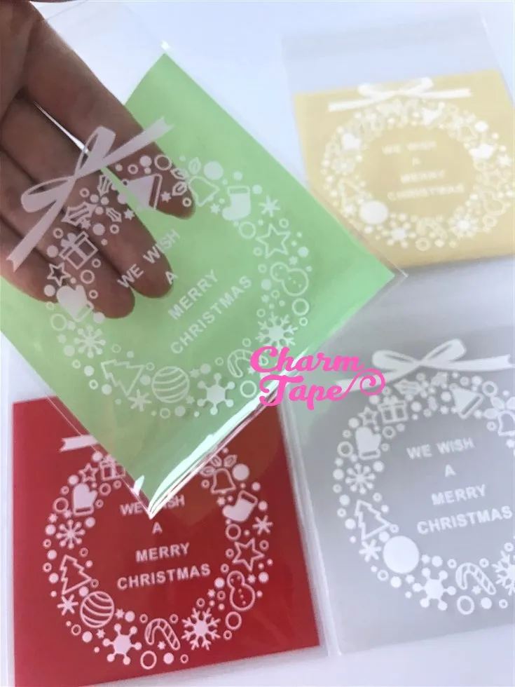 Festive Wreath Gift Bags Cello Self-adhesive Cookie bag - Favors Party bags 20/50/100 bags 10x10cm CB70
