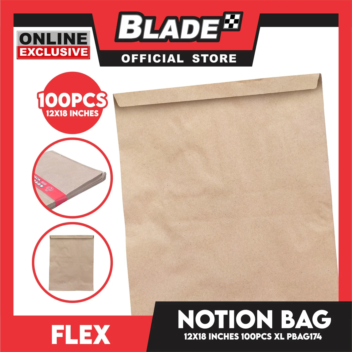 Flex Notion Bag Flat Bottom 100pcs XL 12x18 inches PBAG174 Kraft Paper Bag