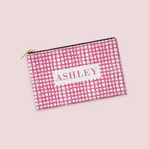 Fuchsia Brushstroke Plaid Personalized Zipper Pouch