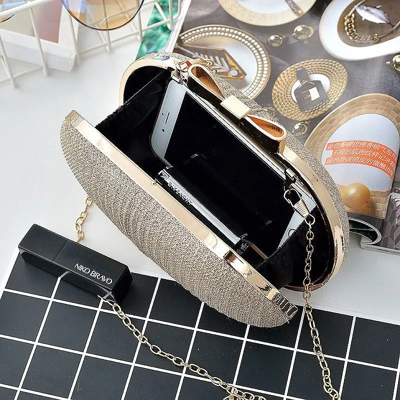Golden Evening Clutch Women Wedding Shiny Bridal Metal Bow Clutches Bag