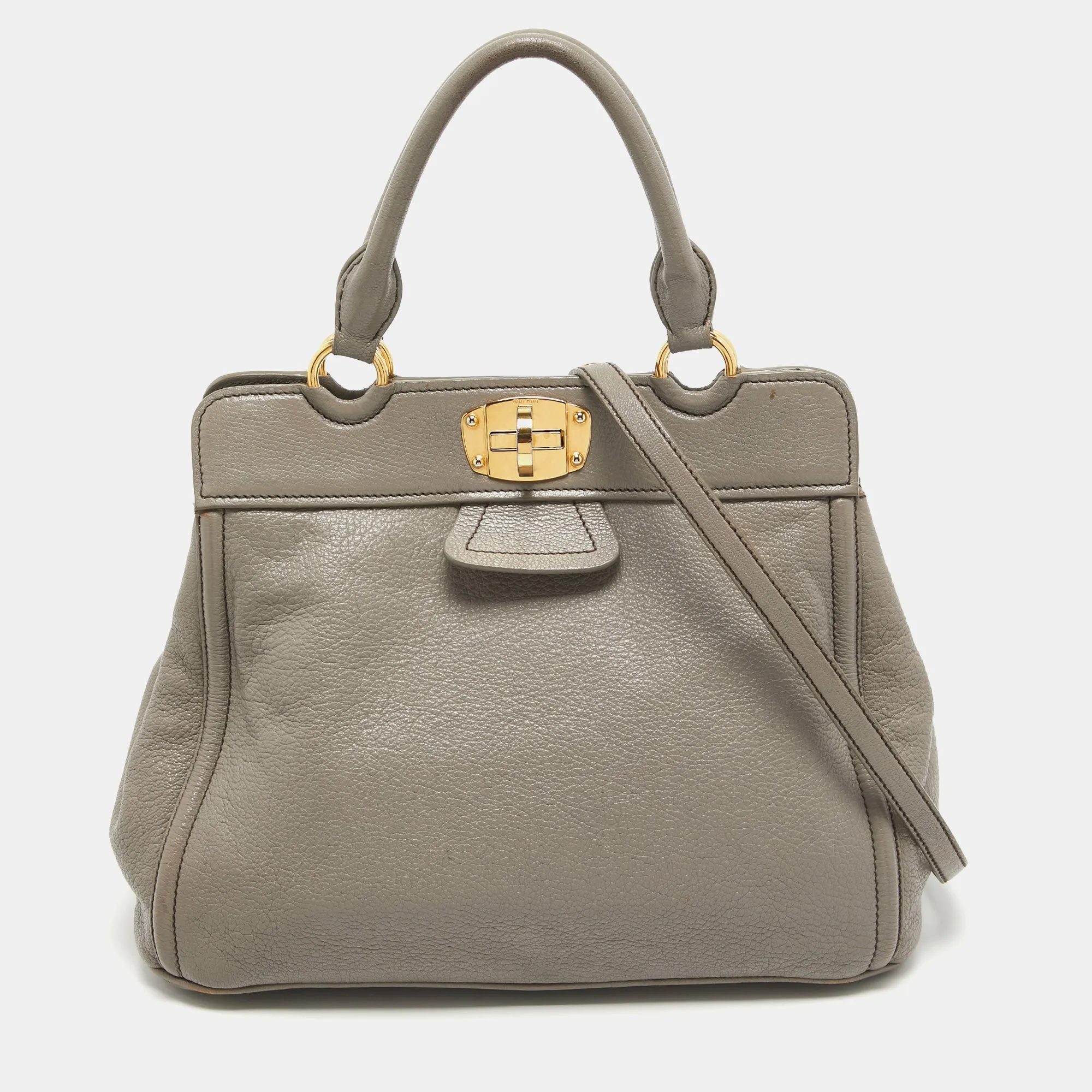 Grey Leather Turnlock Frame Satchel
