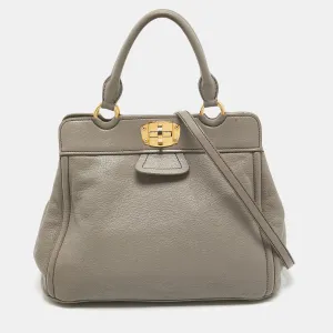 Grey Leather Turnlock Frame Satchel
