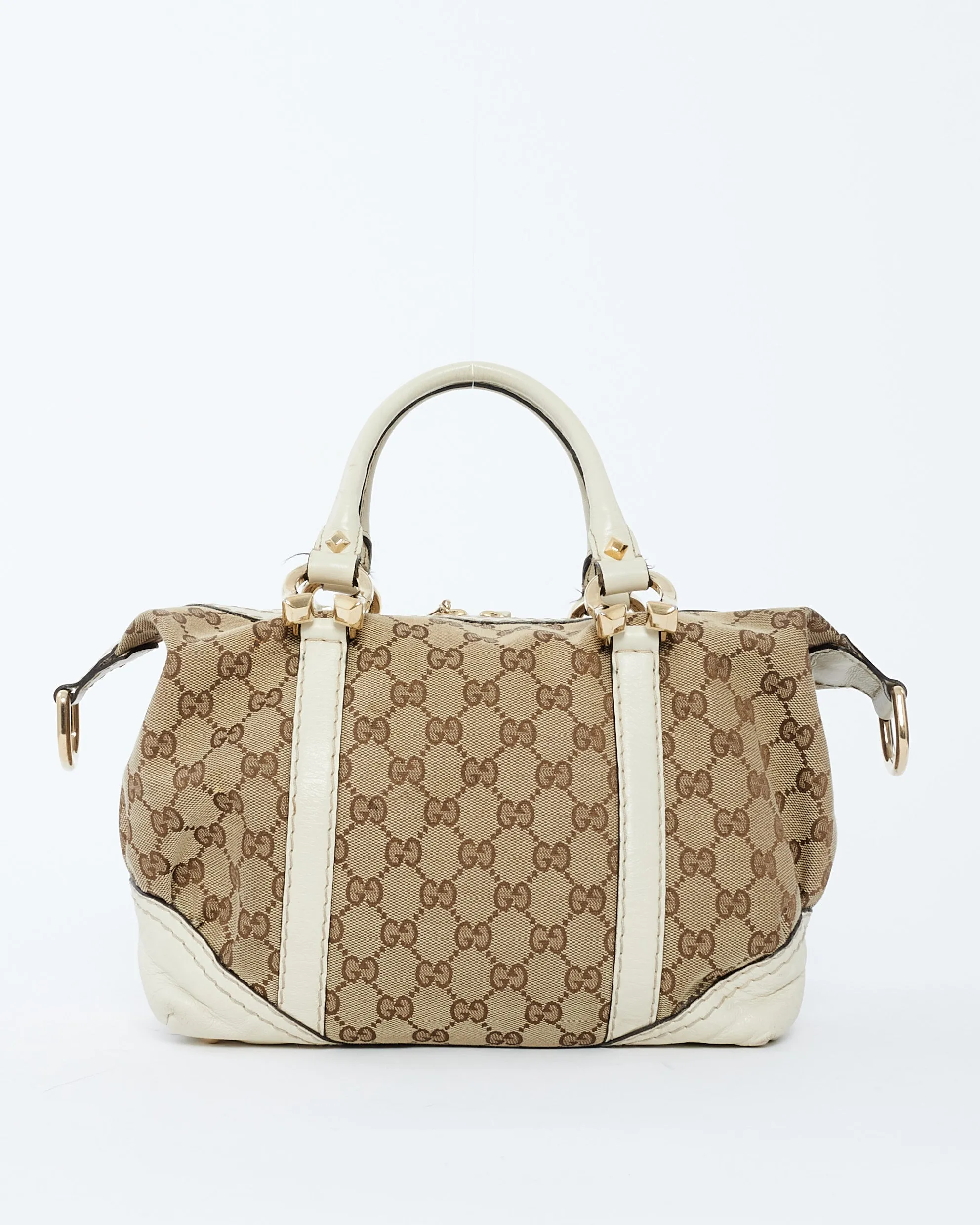 Gucci Brown GG Canvas & White Horsebit Nail Boston Shoulder Bag