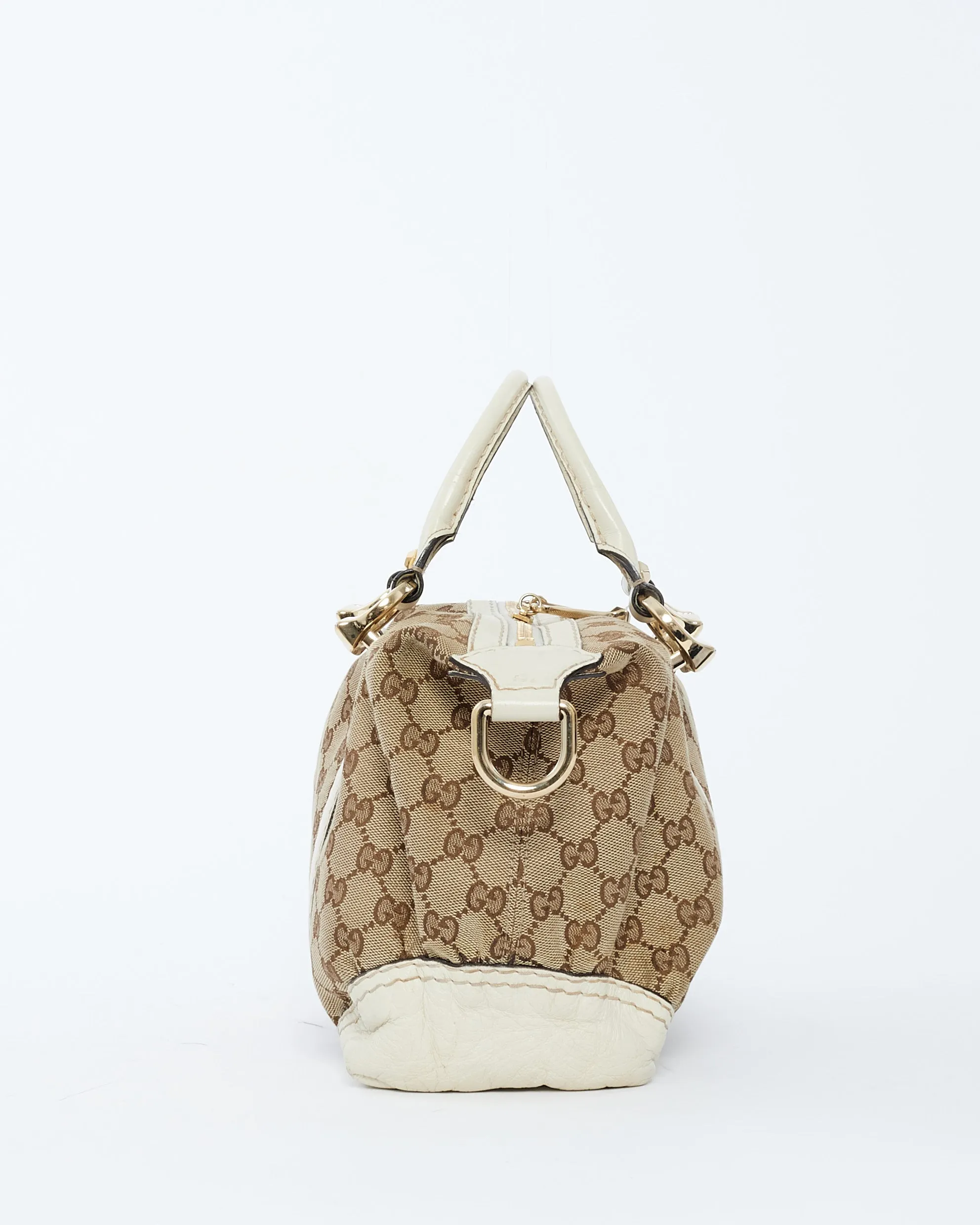 Gucci Brown GG Canvas & White Horsebit Nail Boston Shoulder Bag