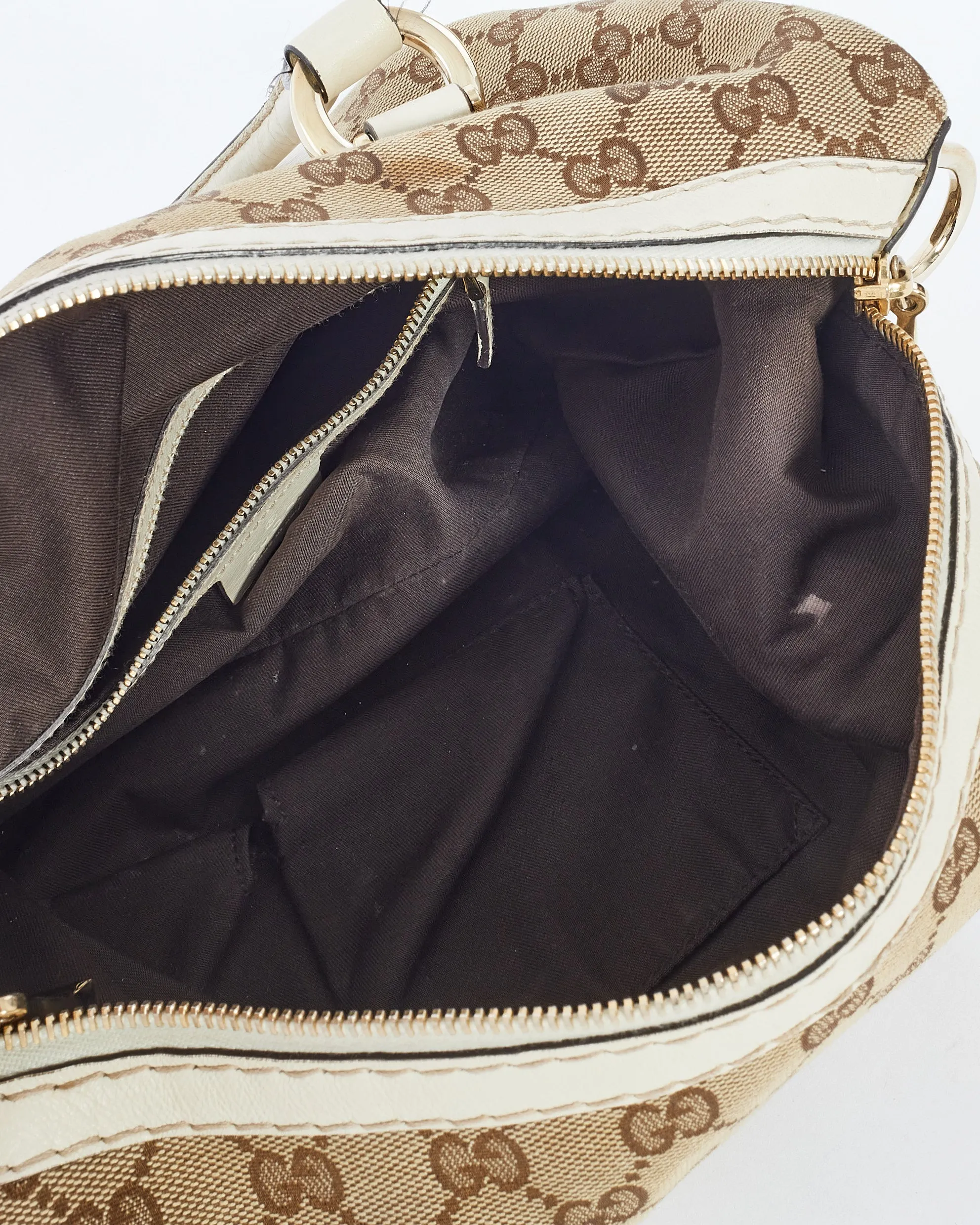 Gucci Brown GG Canvas & White Horsebit Nail Boston Shoulder Bag