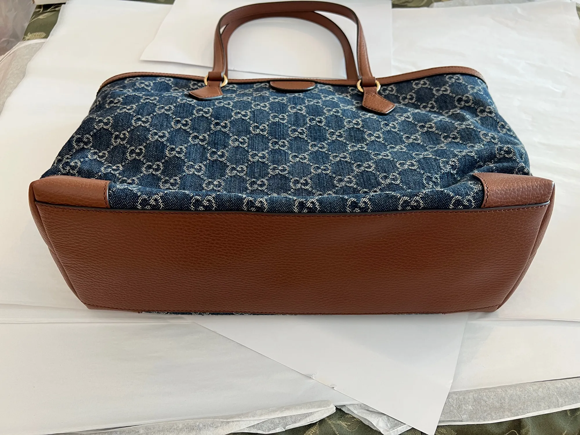 Gucci Ophidia GG Jacquard Denim Blue Brown Tote Bag Italy Leather Handbag New